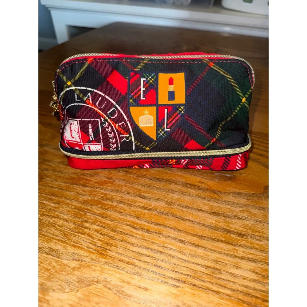 Estee Lauder Red Plaid Makeup Bag Collegiate Crest Travel Cosmetic Case Pouch‎